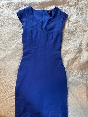 H&M Royal Blue V-Neck Cap Sleeve Midi Sheath Dress
